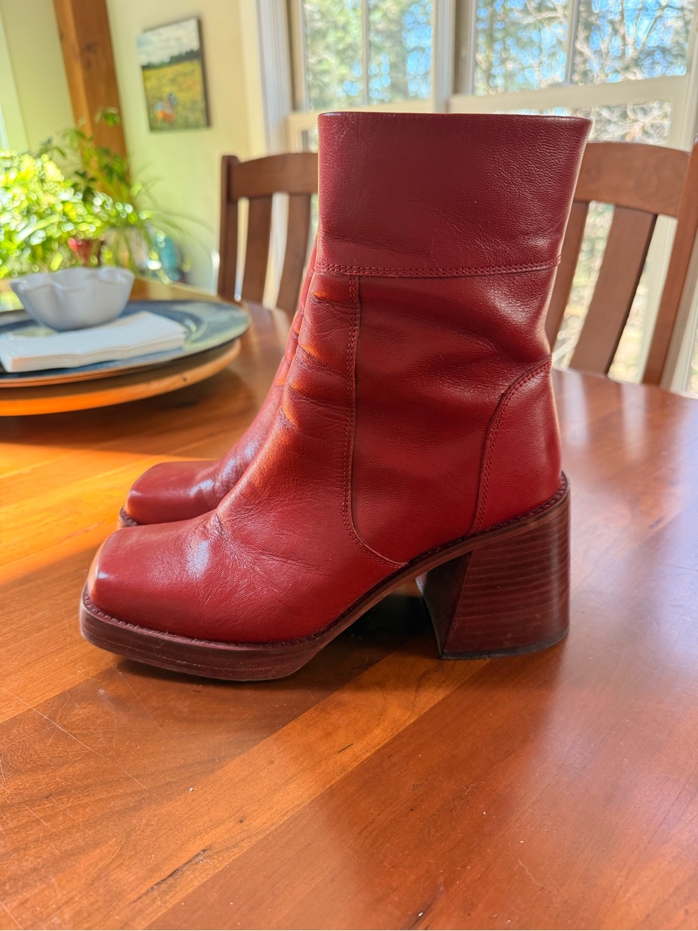 ASOS Burgundy Leather Mid-Calf Block Heel Boots